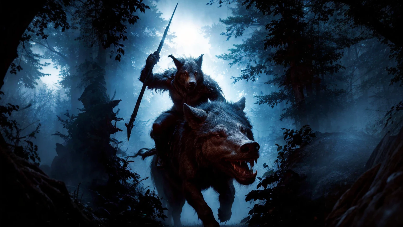 In the midst of a dark, misty forest, a creature with the body of a wolf and the face of a man rides astride wild boar. The creature's fur is a mix of black and gray, blending into the shadows around it. It holds a staff in its right han