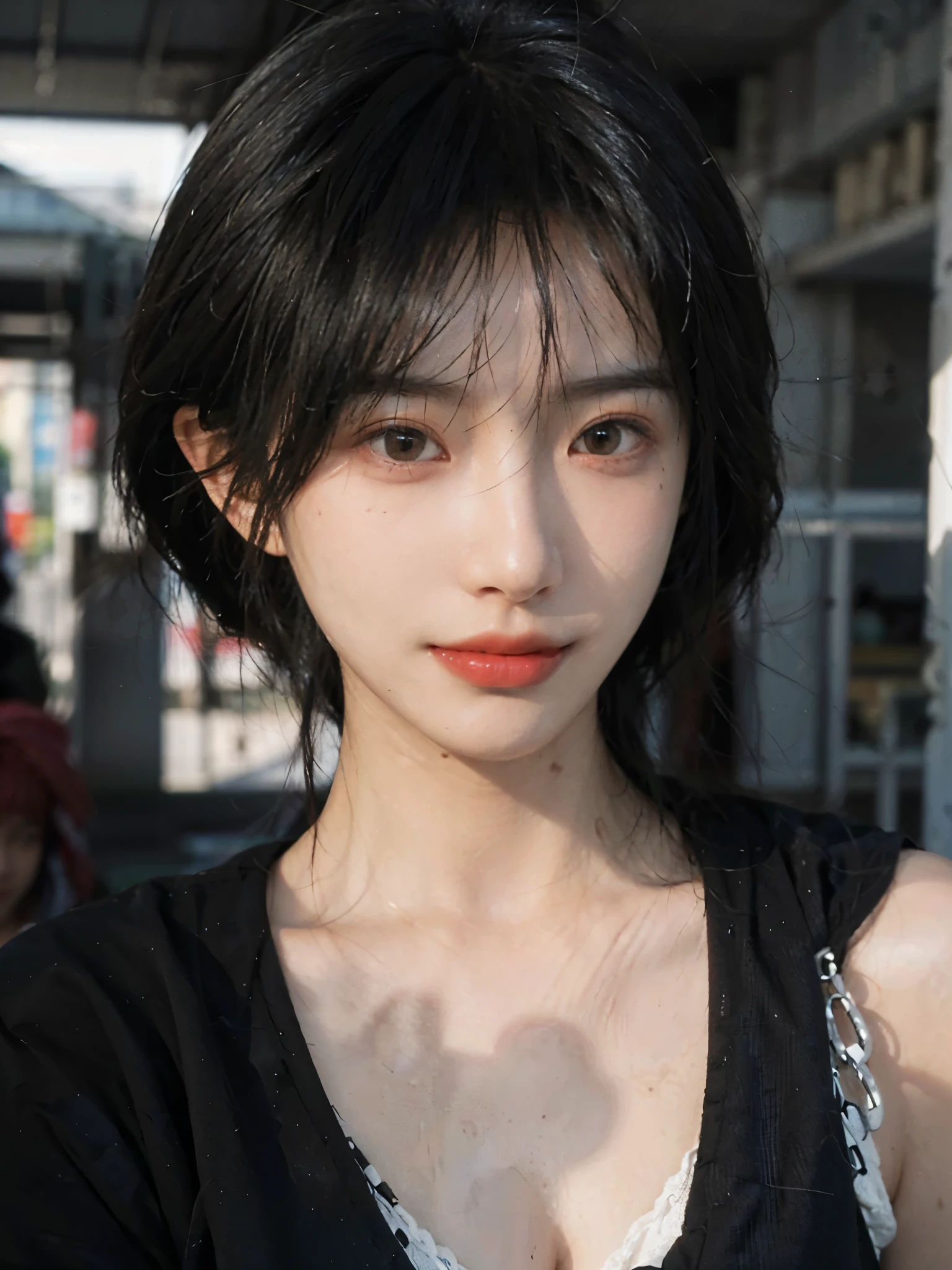 (Skin details:1.4), (smooth skin textures:1.3), （Upper body：1.4），（Upper Body：1.3)，(Black clothes:1.4)，Lipstick, background, earrings, serene, calm, (Realistic and detailed eyes：1.2）, Natural skin texture, Realistic facial details, Soft dramatic lighting, Vivid details, 35 mm film, outdoor, (Photo Practical:1.4), (hyper Practical:1.4), (Practical:1.3), (Smoother lighting:1.05), (Improve lighting quality:0.9), (Highest quality real skin textures:1.4), Exquisite eyes, Delicate face, Close-up of face, (Enhance the beauty of skin texture:1.1),0Normal body proportions, short hair, Moles under the eyes, A faint smile,Portrait Photography, Depth of Field, Bokeh, Surrealism, Ray Tracing, (Portrait Photography:1.1), Surrealism, High Detail, Chiaroscuro, Ray Tracing, reflected light, Ultra HD, Ultra HD, masterpiece, Textured Skin, Super Detail, High Detail, high quality, best quality