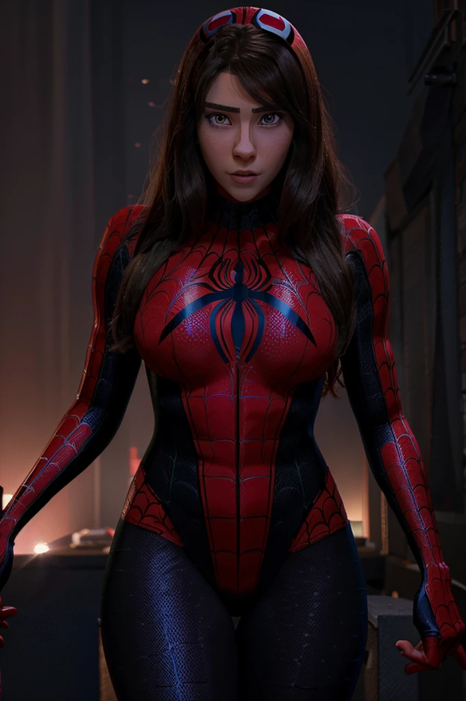 a  girl with long dark brown hair, she has green eyes, almond shaped eyes but slightly doe-shaped, heart-shaped lips and plump, she has a csinuous hips only hips, , she is beautiful, she has an oval face, she has two moles on the corner of the mouth, light medium skin, ((spiderwoman black costume cosplay)), cosplay spiderman, clothes, she wearing a costume of spiderwoman, spiderverse she wearing complete suits of spiderwoman, cosplay of spiderwoman complete, no naked ((no naked)) (no nude)