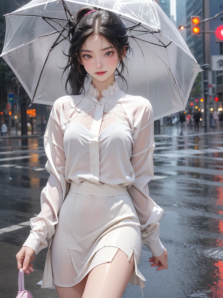 ((best quality, 8K, masterpiece: 1.3)),upper body,Black Hair, black eye,sharp focus: 1.2, beautiful woman with a perfect body: 1.4, ((ponytail, large: 1.2)), (small and beautiful hard (White long sleeve blouse with lace、Silk Tight darkmagenta long skirt), (wet from rain: 1.2), (rain, street: 1.2), wet body: 1.1, Highly detailed face and skin texture, detailed eyes, double eyelids, White skin,,E cup,smile,Financial district of the big city,Skyscraper,White skin,Wet Hair、Wet Skin、Wet clothes、smile、 