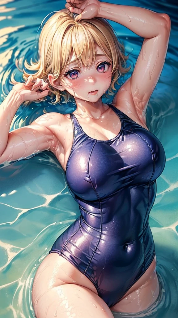 Korean Idol　Japanese Idols　Lovely little sister　Mature Woman　Huge 　((A navy blue school swimsuit that is so shiny it reflects light..))　(Round face chubby)　((plump))　((Blonde Short Hair))　((美しい星空と大きな月を眺めながらSwimming in the sea))　Swimming in the sea　Sweaty　((Sweat pours down))　((My face and body are sweaty and wet.))　((鮮やかな赤いルージュのplump唇))　((Eyes meet))　Duck mouth　((Watery eyes))　((Beautiful sweaty armpits))　((Slimy and shiny armpits))　((Mature woman showing her armpits))　((50 years old))　upper_Body close-up, look up　My cheeks are red and I&#39;m embarrassed　Watery eye