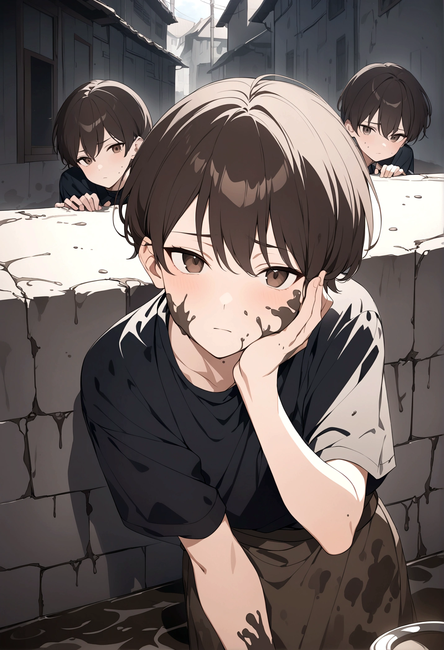 (Masterpiece, 32k, 8k, image focused on the character's face), young man, , tired expression on his face, dark brown hair, dark brown eyes, two hands of another charer touch his face, character staring at the viewer , face covered in mud, character leaning against an old wall