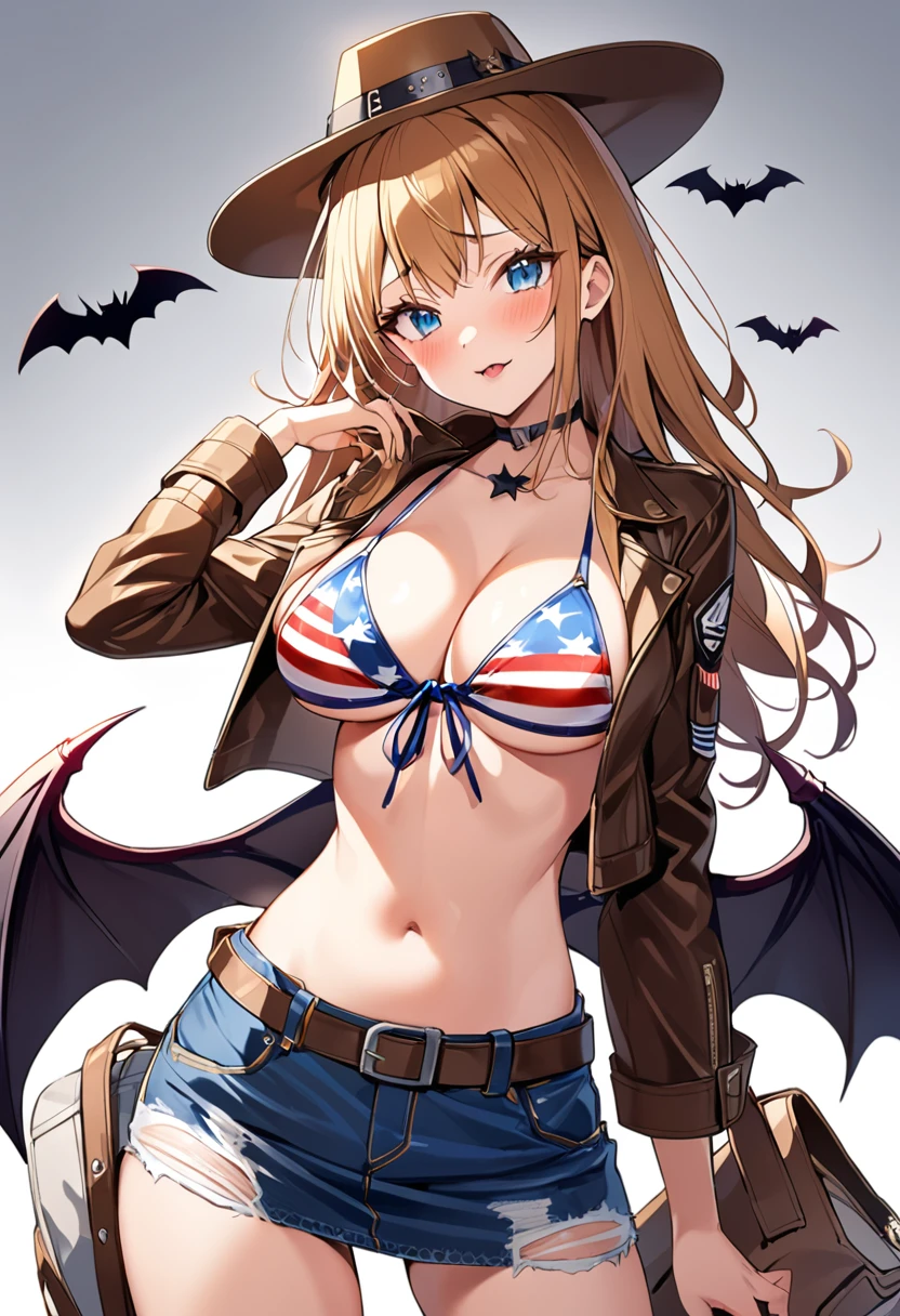 10th Generation,A beautiful woman,Beautiful ,Moe,Succubus,bat wings on the back,,Bat wings on the side of the head,Stars and Stripes front tie bikini top,Cowhide jacket,Denim tight skirt,Ten-gallon Golden long hair,blue eyes