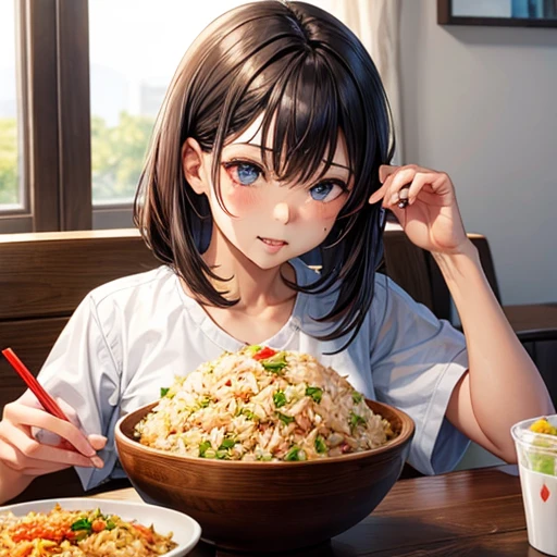 Woman eating crab fried rice