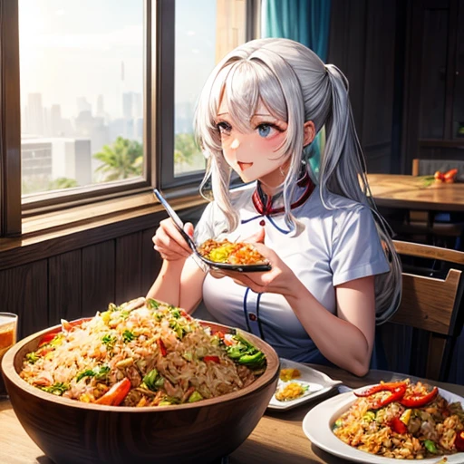 Woman eating crab fried rice