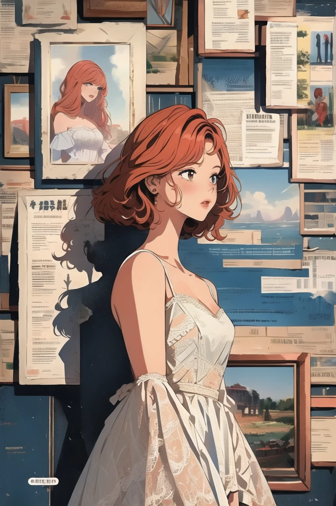 newspaper wall, 1girl,solo, upper body, parted lips,romantic lace dress with an off-the-shoulder silhouette and a flared skirt, ,copper hair