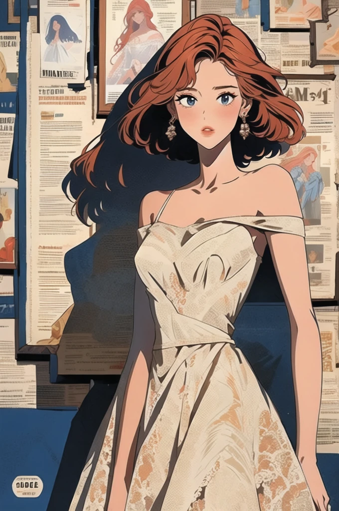 newspaper wall, 1girl,solo, upper body, parted lips,romantic lace dress with an off-the-shoulder silhouette and a flared skirt, ,copper hair