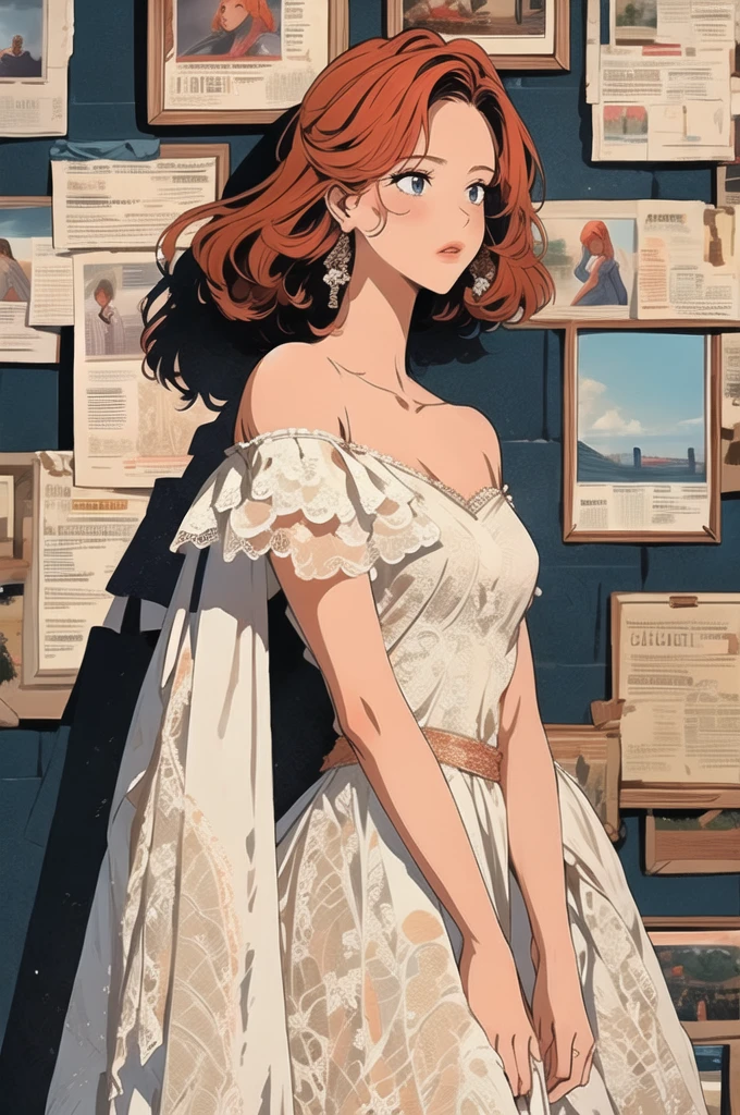 newspaper wall, 1girl,solo, upper body, parted lips,romantic lace dress with an off-the-shoulder silhouette and a flared skirt, ,copper hair