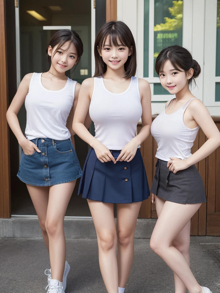 Highest quality、masterpiece、8K、Very detailed、Realistic、(Young face:1.2)、(Looks like an :1.2)、3 people、Looking at me with a smile、whole body、(Big Breasts)、Thin and beautiful legs、Tight and slim waist、Tight sleeveless shirt、Micro Skirt、Short Hair、Erect nipples