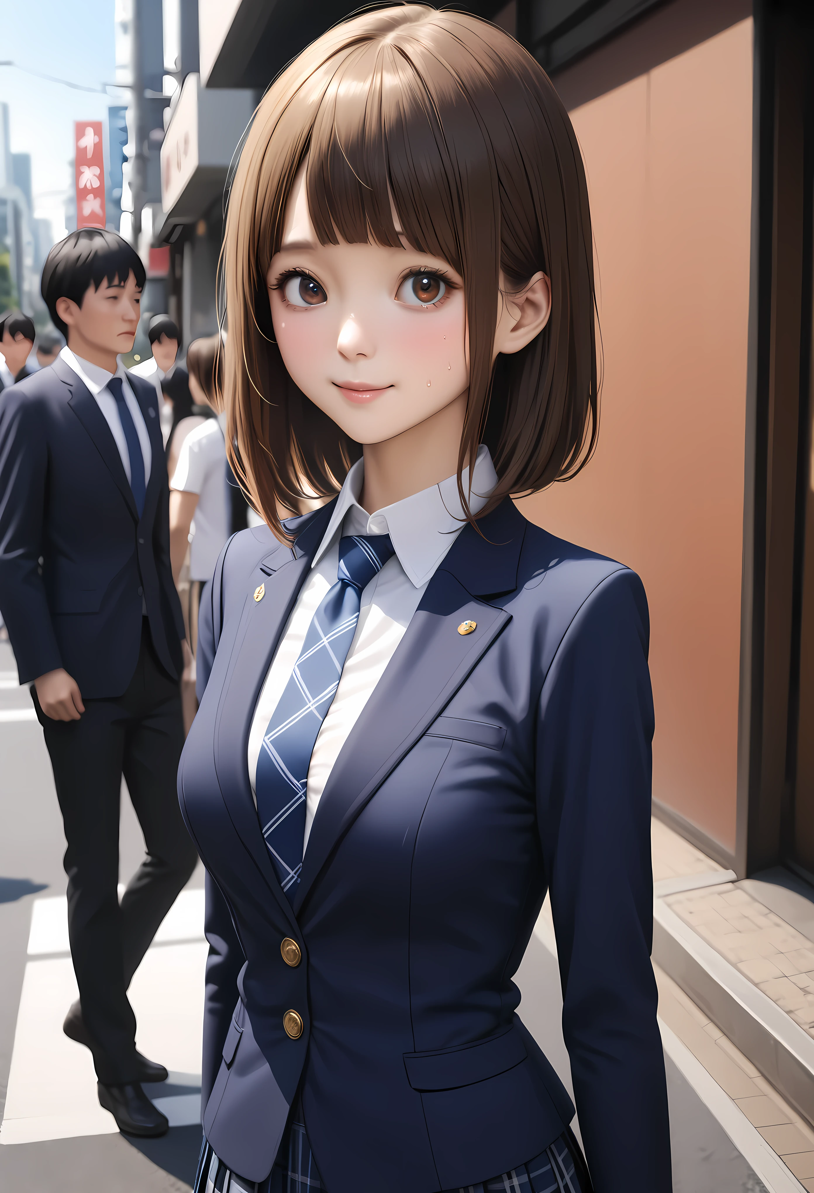 ((realistic)),(masterpiece,Highest quality:1.3,best quality illustration),cowboy shot,1woman,20 year old Japanese beauty,very small head,(short bob brown hair),bangs,brown eyes,gorgeous eyes,blush,smile,.medium breasts,((very long body:1.3)),toned body,slender body,skinny:1.3,(School uniform、Dark blue blazer jacket、White shirt、Navy blue tie、Dark blue plaid pleated mini skirt),gleaming skin,shiny skin,sweat,standing,on street、Tokyo,