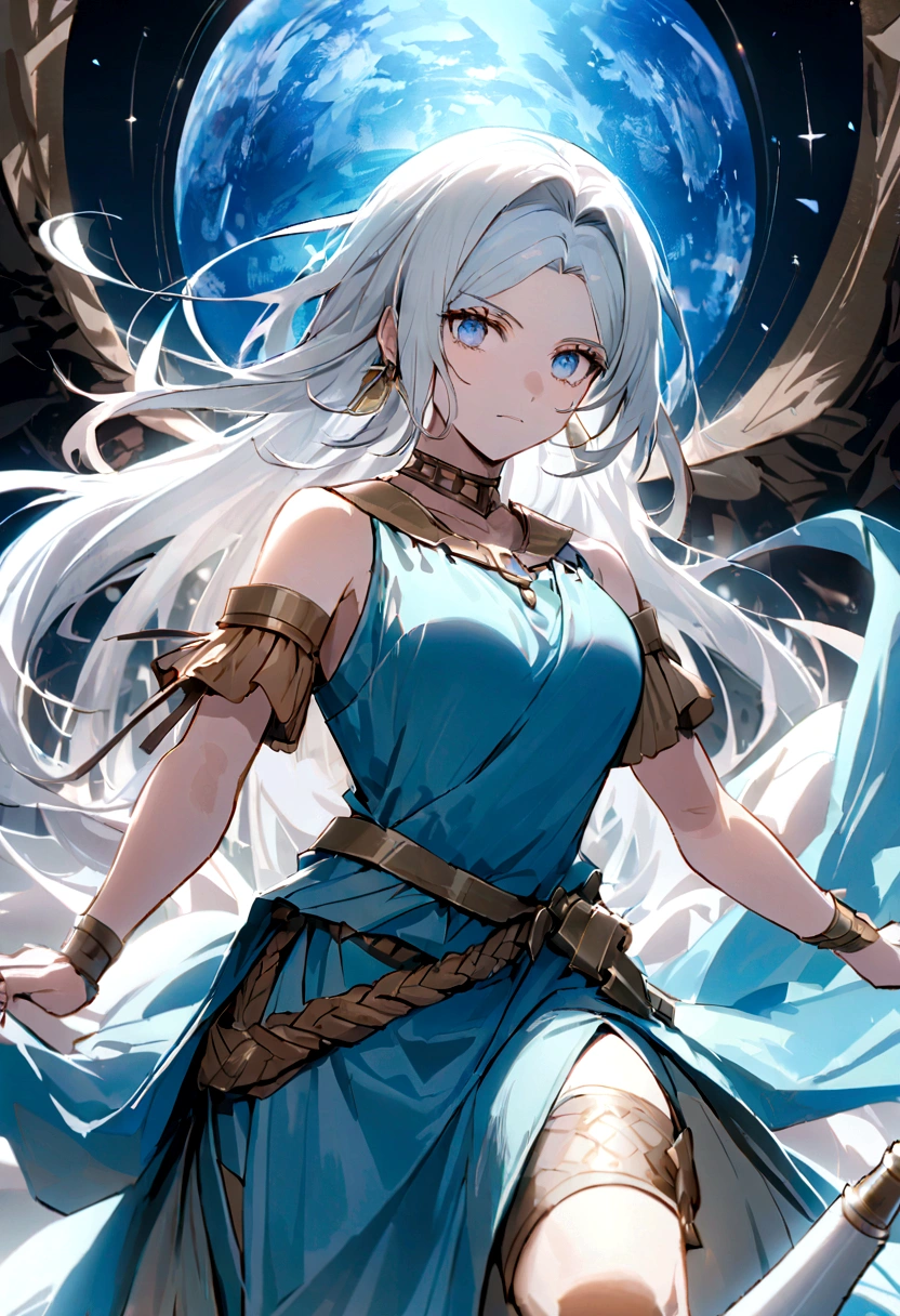 （Huang Li、high quality、Extremely detailed），Constellation - Aquarius Goddess，Huge bottle，Woman holding bottle，Similar to Latin goodness，brave，capricious，Productivity，The face of enterprising and humanitarianism，White hair，Ancient Greek costumes、Wrap Dress，The background is the ocean，Crystal blue eyes（Eyes Details），Powerful appearance