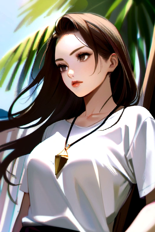 ((Realistic lighting、beste Quality、8K、Master Masterpiece:1.3))、Clear focus:1.2、a 1 girl、Perfect Body Beauty:1.4、Slim abs:1.1、s whole body、((darkbrown hair、a large breast:1.3))、(Acceleration:1.4)、(al fresco、Daylight:1.1)、View of Waikiki Beach、Palm Tree、Slender face、Fine eyes、Double eyelidd、poses of fashion models、Floating hair、T‐shirt、Pendants、