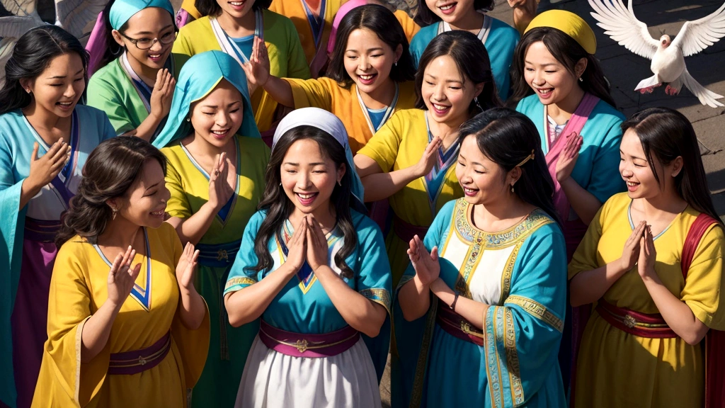 "Description: Show believers in various acts of service, kindness, and devotion, reflecting their faithful and confident living grounded in the promises of God. The scene could include a community setting with diverse individuals helping each other and engaging in worship.
Details: Use vibrant, lively colors to depict the energy and joy of living faithfully. Include elements like helping hands, smiling faces, and symbols of faith such as crosses and doves. This visual should highlight the encouragement and motivation that the assurance of eternal life provides to believers."