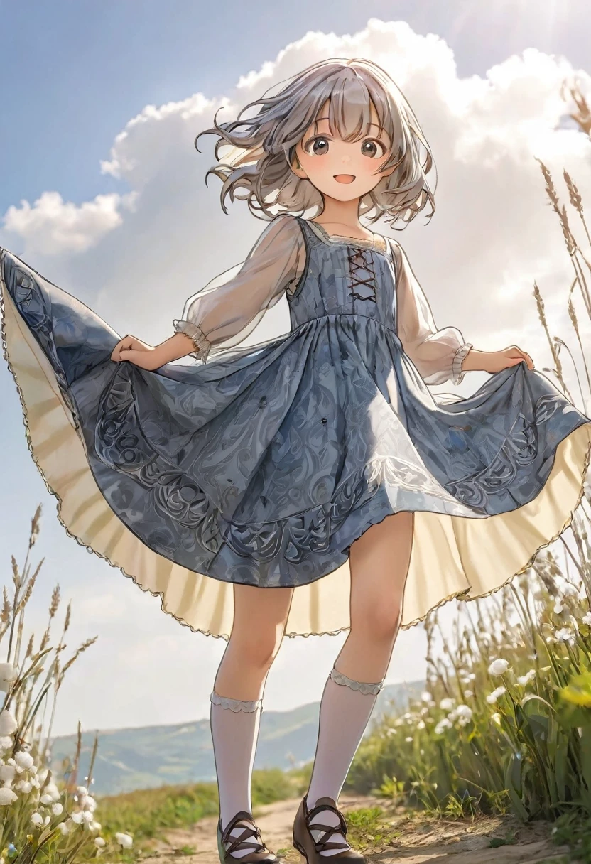 10 year old girl underwear, Kind Face, Knee-length bloomers made from patterned cotton fabric, Medieval one-piece dress with panniers, Low - Angle, Pull up the dress by hand, Strong winds, Translucent slip, Translucent slip, tights, Highest quality, Crotch close-up, whole body