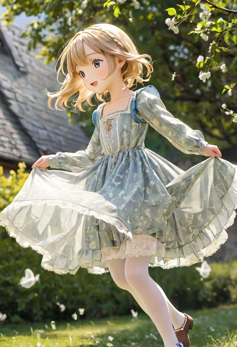 10 year old girl underwear, Kind Face, Knee-length bloomers made from patterned cotton fabric, Medieval one-piece dress with panniers, Low - Angle, Pull up the dress by hand,  Strong winds, Translucent slip, Translucent slip, tights, Highest quality, Crotch close-up, whole body
