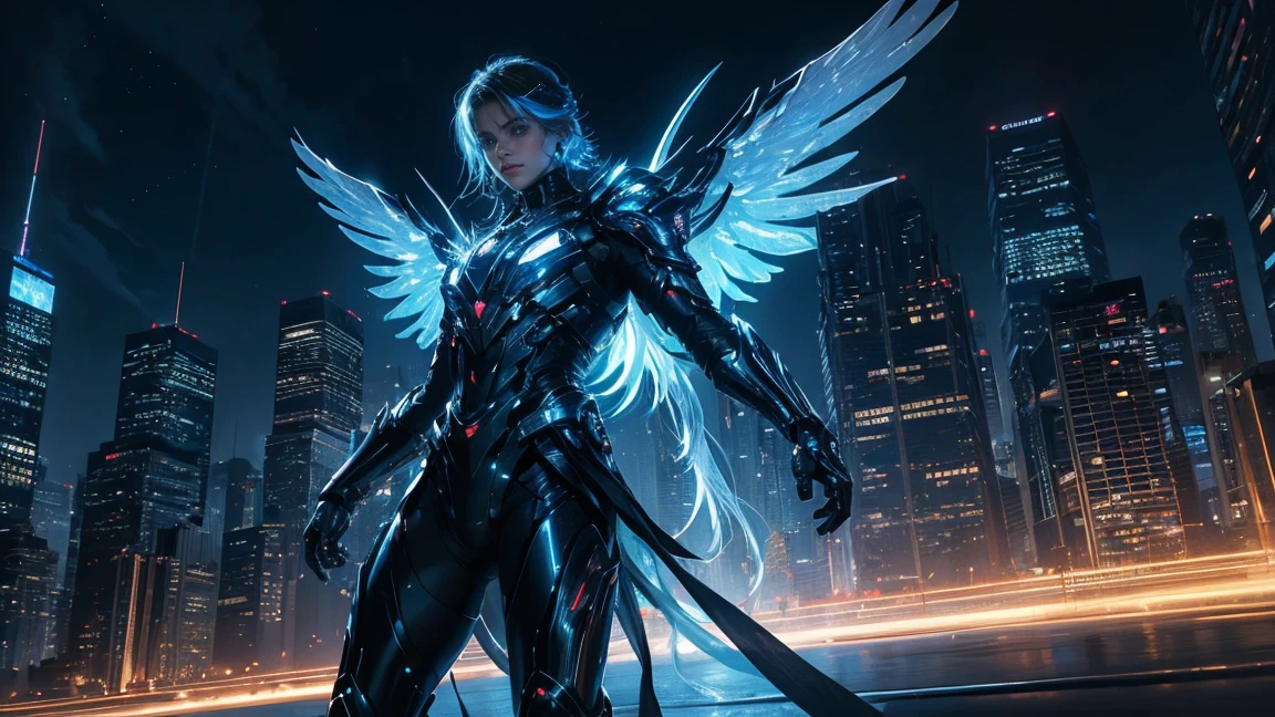((masterpiece, Highest quality, Best image quality, High resolution、8k)) An angel in the center of the screen、Glowing white wings、Glowing halo、Cyberface。Aether Robe、god々Shining with a bright light。Glowing blue eyes and advanced cybernetic enhancements. Seen in dynamic action poses, reflection on a smooth surface. The cityscape below is filled with towering skyscrapers., illuminated by colorful holographic advertisements, Shining with blue energy, Mighty power. The overall atmosphere is dark and mysterious., It had a futuristic techno vibe.. The lighting is dramatic, Intense highlights and deep shadows, Creates depth and tension