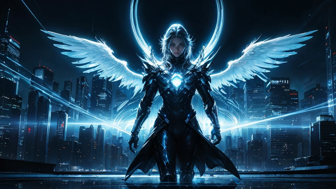 ((masterpiece, Highest quality, Best image quality, High resolution、8k)) An angel in the center of the screen、Glowing white wings、Glowing halo、Cyberface。Aether Robe、god々Shining with a bright light。Glowing blue eyes and advanced cybernetic enhancements. Seen in dynamic action poses, reflection on a smooth surface. The cityscape below is filled with towering skyscrapers., illuminated by colorful holographic advertisements, Shining with blue energy, Mighty power. The overall atmosphere is dark and mysterious., It had a futuristic techno vibe.. The lighting is dramatic, Intense highlights and deep shadows, Creates depth and tension