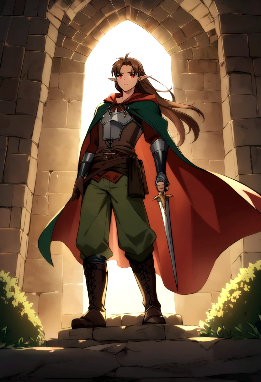 dark rpg asin half elf with a hoodie(hoodie down) and cape, red eyes brown hair long hair, hair out of hoodiewith only armor on torso anime style male make him in the roof of a medieval house ((anime style)) 20-30 years he wears a baggy cargo pants over his boots make him in a dark rpg and in the ambient of a dungeon give him a dagger ((hd)) ((high quality))