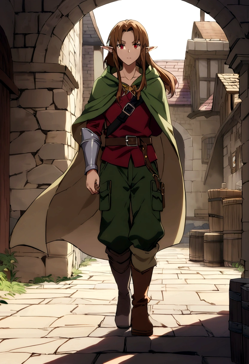 dark rpg assasin half elf with a hoodie(hoodie down) and cape, red eyes brown hair long hair, hair out of hoodiewith only armor on torso anime style male make him in the roof of a medieval house ((anime style)) 20-30 years he wears a baggy cargo pants over his boots make him in a dark rpg and in the ambient of a dungeon give him a dagger ((hd)) ((high quality))