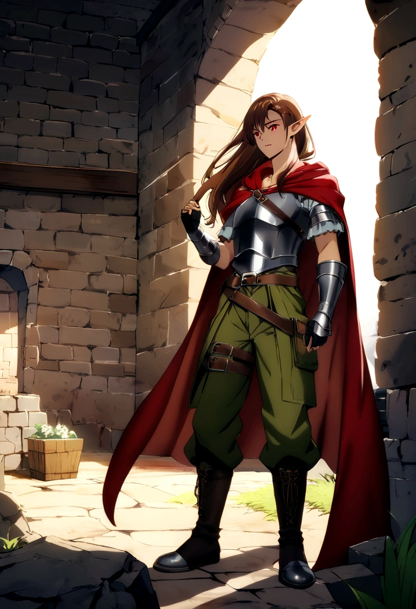 dark rpg assasin half elf with a hoodie(hoodie down) and cape, red eyes brown hair long hair, hair out of hoodiewith only armor on torso anime style male make him in the roof of a medieval house ((anime style)) 20-30 years he wears a baggy cargo pants over his boots make him in a dark rpg and in the ambient of a dungeon give him a dagger ((hd)) ((high quality))