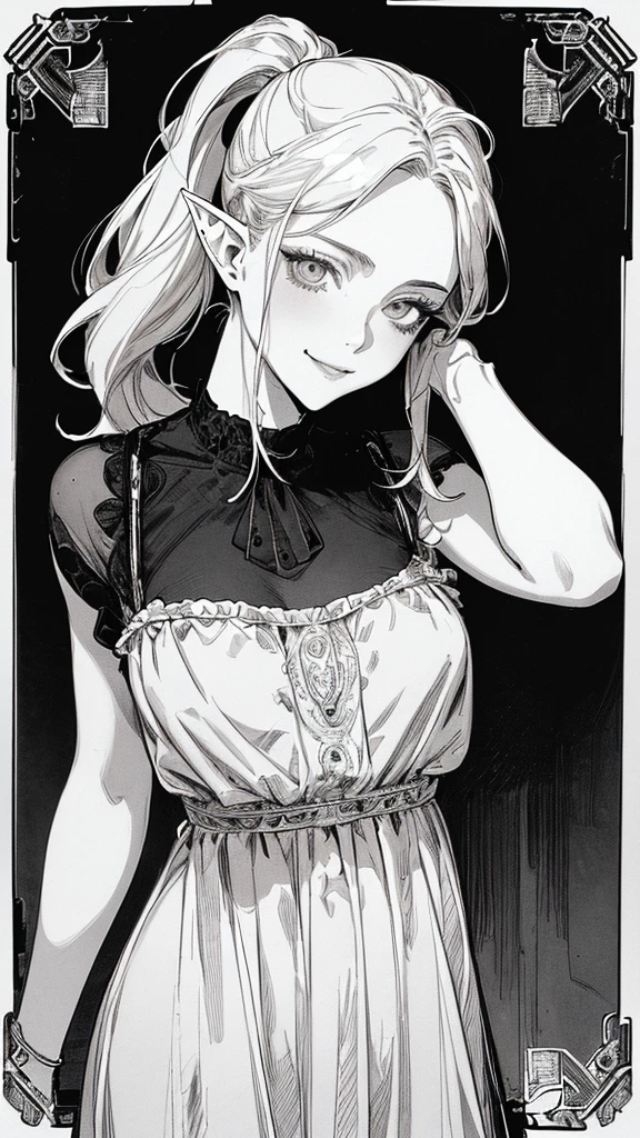 Highest quality, (Background details), High Contrast, Very beautiful woman, Detailed original illustrations, functional, Archer、Elf, Ponytail Delicate face, charm, Bad boy, sexy, Platinum Blonde、White sundress、Real breasts, Small breasts、Crazy Smile, Crazy Eyes, Black background, (Black background: 1. 5), Beautiful line art, Monochrome