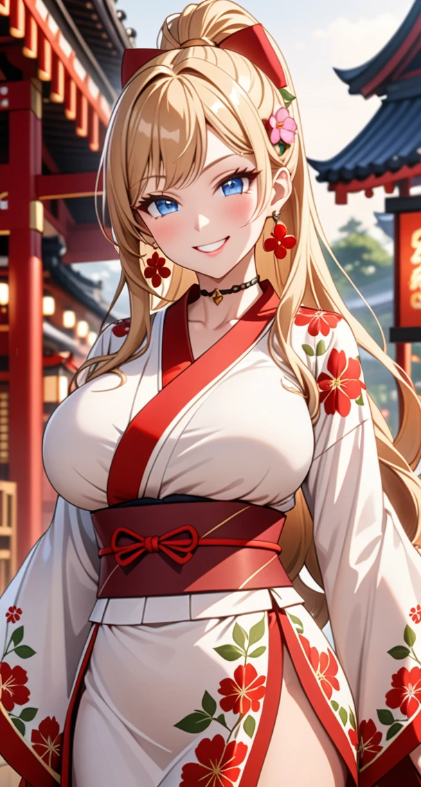 ultra-detailed, ((one girl)), hyper detailed, absurdres, 8K, Beautiful Face, (Laugh shyly), ((teasing smile:1.8)), ((Wink:2.0)), (Laugh with your mouth wide open),(Tilt your head:1.3), View your viewers, ((Bright red cheeks:1.6)),Glossy Red Lips, ((Big Breasts:1.5)) night, Shrine festival stalls, (Brighten your face), ((Anime style background)),masterpiece, Highest quality, so beautiful,Latest, Complex details, (Pink long nails), (nail art), (ring),(bracelet), (Floral Choker),AI-generated, Complex,High resolution, Highest quality, super high quality,3D Images、3D Images,One person,Blonde long hair,(High Ponytail), (Wavy Hair), Anime woman posing for a photo, ((Fine grain、blue eyes、glistening eyes:1.5)), (Squint your eyes:1.1),a hyperRealistic , hyperRealistic , Realistic,Long blonde anime woman, Smooth anime CG art, Pink large floral patternの刺繍が入った、A girl in a gorgeous kimono, ((White long-sleeved kimono)),(Pink large floral pattern) ,Long flower hair ornament,Floral Earrings,Mature Body, tall,Abdominal muscles,Tight waist,((Zoom in on face:2.1)), (front view),