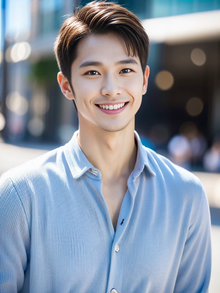 high resolution,４K,Charm、Realistic、Clean and refreshing、Japanese、Vibrant urban background、The charming smile of a &quot;cool guy in his 20s&quot;。Define your face from the shoulders up。With confidence and flexibility、It has an eye-catching appeal。