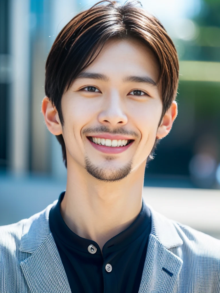 high resolution,４K,Charm、Realistic、Clean and refreshing、Japanese、Vibrant urban background、The charming smile of a &quot;cool guy in his 20s&quot;。Define your face from the shoulders up。With confidence and flexibility、It has an eye-catching appeal。