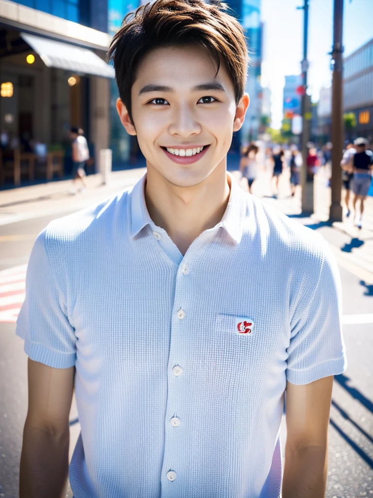 high resolution,４K,Charm、Realistic、Clean and refreshing、Japanese、Vibrant urban background、The charming smile of a &quot;cool guy in his 20s&quot;。Define your face from the shoulders up。With confidence and flexibility、It has an eye-catching appeal。