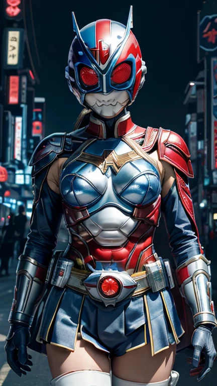 (8k),(masterpiece),(Japanese),(8-year-old girl),((innocent look)),((Childish)),From the front,smile,cute,Innocent,Kind eyes,Flat chest, red helmet, blue domino mask, white mask, Wonder Woman,Bald,No Hair, Henshin Pose,night,dark, Neon light cyberpunk city,Kamen rider,camisa