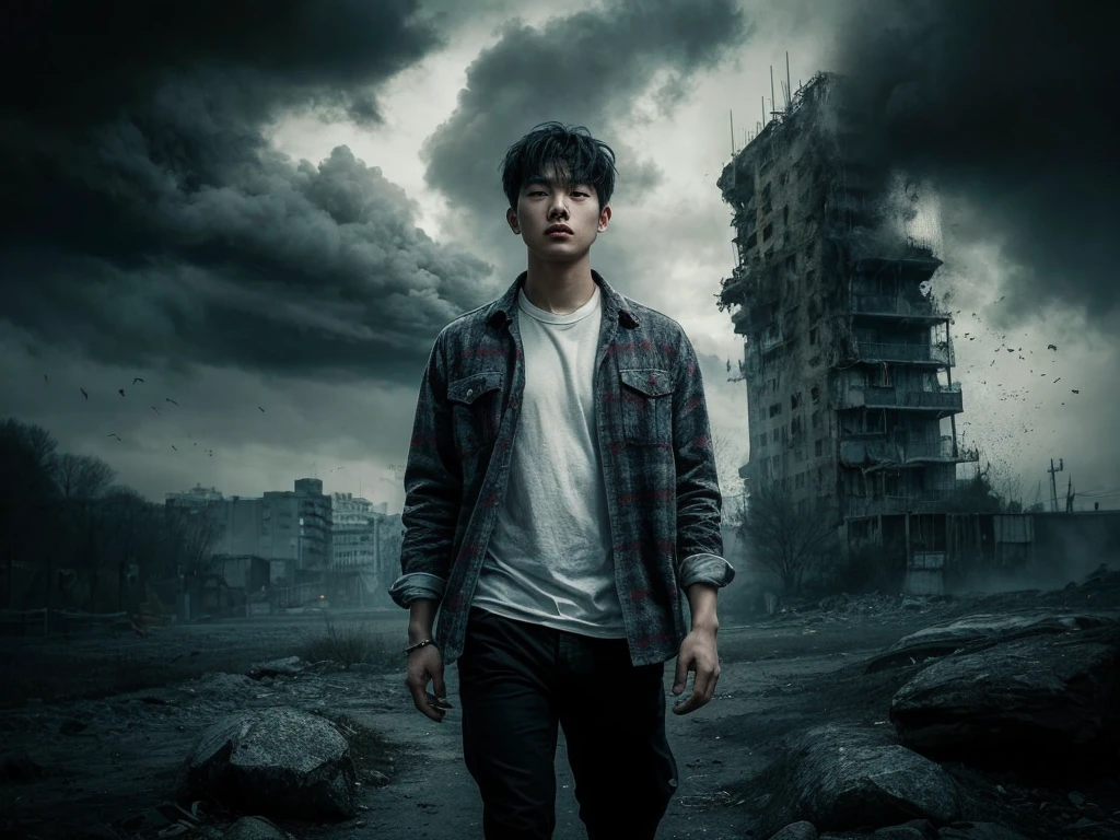 A striking, cinematic portrait of a young Korean man, captured from an aerial perspective. He stands tall and confident, dressed in a flannel shirt and a white t-shirt, against the backdrop of a somber and dramatic landscape. Dark clouds loom overhead, casting a gloomy light on the scene, while a towering building seems to be on the verge of collapse. The atmosphere is heavy with foreboding, and the color palette is dominated by shades of gray, black, and dark blue. The photograph captures a poignant moment in time, blending fashion and emotion in a powerful visual statement., portrait photography, cinematic, fashion, photo