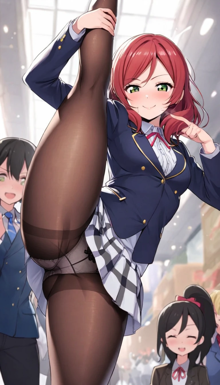 Maki Nishikino、lovelive 、Honoka Kosaka、Two Girls, Five Fingers, mini skirt, Looking down at the viewer,, Highest quality, Focus on the thighs, Dynamic pose, smile, blazer, blouse, Black Pantyhose, panties under pantyhose, Standing Split, Stylish pose,My thighs and groin are steamy 、crowd、股間をHonoka Kosakaに触られている、Big 、Big Ass、Thick thighs、Honoka Kosakaは西木野真姫の股間を指で触る、The woman feels sexual arousal