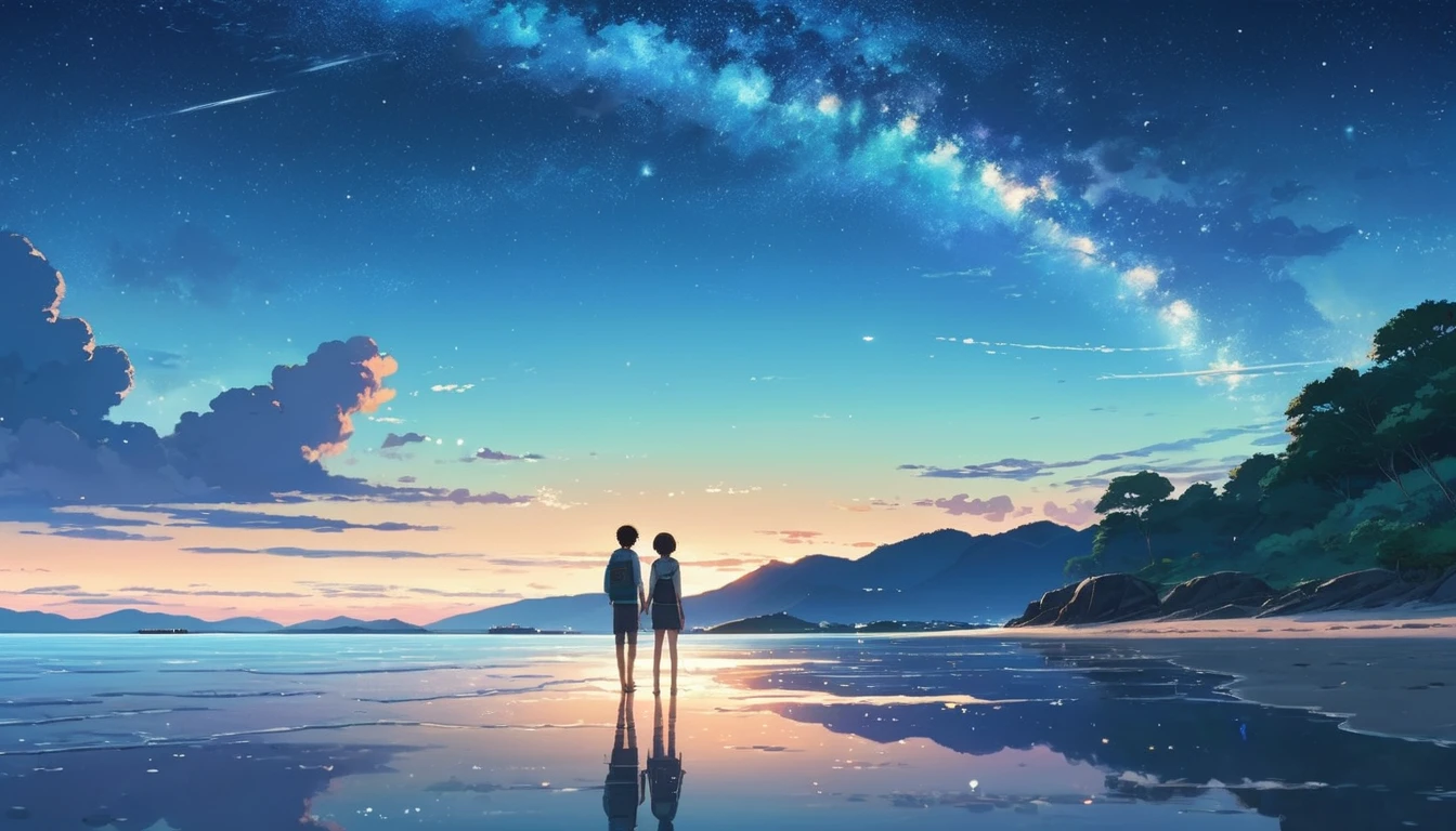 Comic Strip，Cartoon split，Exceptional，Storyboarding，masterpiece, Anime college student standing on the seaside, Bright starry sky. Romantic couple, Photo by Makoto Shinkai, irritating, Concept Art, Lofi Art style, reflection. by Makoto Shinkai, Lofi Art, Beautiful anime scene, Anime scenery, Detailed Landscape — Width 672, In the style of Makoto Shinkai, Makoto Shinkai&#39;s Style, Enhanced Detail.