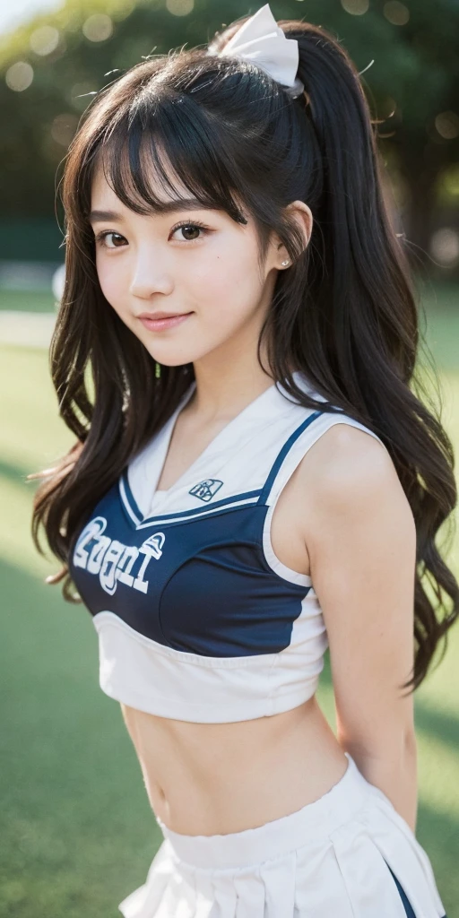 cheerleader,little smile,cheer leading,cheerleader uniform, (((masterpiece))), (((best quality))), ((ultra-detailed)), (illustration), ((an extremely delicate and beautiful)),(bokeh,blurry background),(best shadow), 1girl,white panties, black hair, long hair, kawaii,cute,, shine Highlight Spot on eyes, character focus,head tilt,