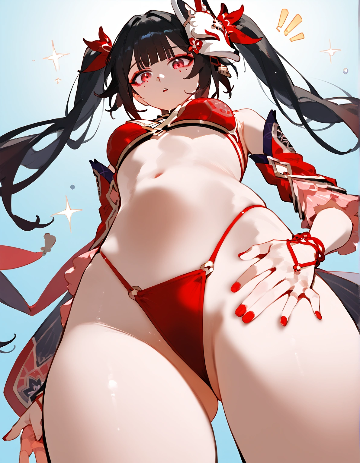 anime artwork, score_9, score_8_up, score_7_up, score_6_up, score_5_up, score_4_up,sparkle \(honkai: star rail\),1girl, twintails, black hair, medium breasts, red eyes, red eyeshadow, fox mask , , , , , she is 24 years old, , ,horny, , , , style_3, ,thong,, floox style, from below,
looking down, hand on own ass, surprised,