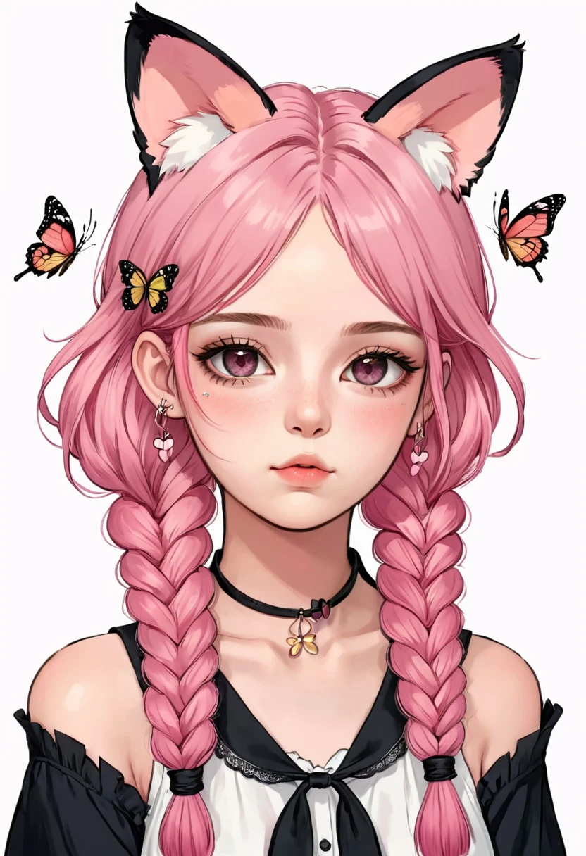 1 girl,animal ears,bangss,blush,弓,braid,error,borboleta,butterfly hair ornament,Cat's ears,hair ornament,gazing at viewer,parted lips,pink hair,cinta,simple background,standing alone,twin braids,trunk,White background