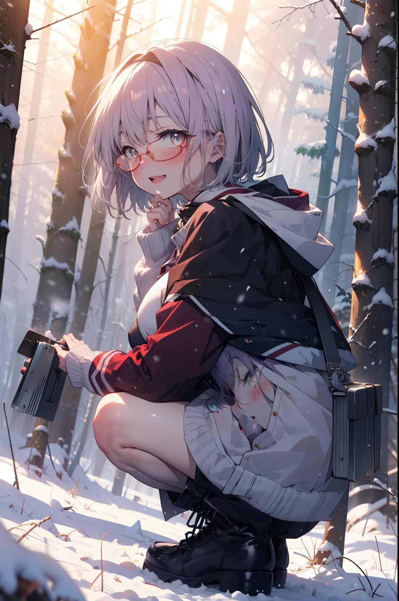 akaneshinjou, shinjou akane, Light purple hair, (Pink Eyes:1.2), short hair,Akagi Glasses,hair band,smile,blush,White Breath,Big Breasts,
Open your mouth,snow,Ground bonfire, Outdoor, boots, snowing, From the side, wood, suitcase, Cape, Blurred, having meal, forest, White handbag, nature,  Squat, Mouth closed, Cape, winter, Written boundary depth, Black shoes, red Cape break looking at viewer, Upper Body, whole body, break Outdoor, forest, nature, break (masterpiece:1.2), Highest quality, High resolution, unity 8k wallpaper, (shape:0.8), (Beautiful and beautiful eyes:1.6), Highly detailed face, Perfect lighting, Highly detailed CG, (Perfect hands, Perfect Anatomy),