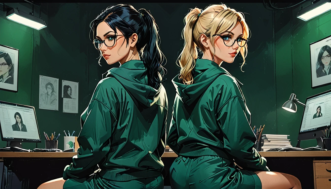 dramatic angle, unique perspective, (2 girl), (((foreground back view girl)))\Short blonde Waves pixie hair in Blue oversized hoodie sitting back to viewer), (background character\in a classic dark green suit with round glasses and a white shirt with Long Sleek Straight Ponytail Slicked back black Hair and green eyes Hawk long Nose Long and Diamond type Face sitting facing viewer), (detailed background, dynamic composition), (expressive faces),
at dark green office,
look at each other,
graphic style of novel comics,dark novel, 2d, 8k, hyperrealism, masterpiece, high resolution, best quality, ultra-detailed, super realistic, Hyperrealistic art, high-quality, ultra high res, highest detailed, lot of details, Extremely high-resolution details, incredibly lifelike, colourful, soft cinematic light,