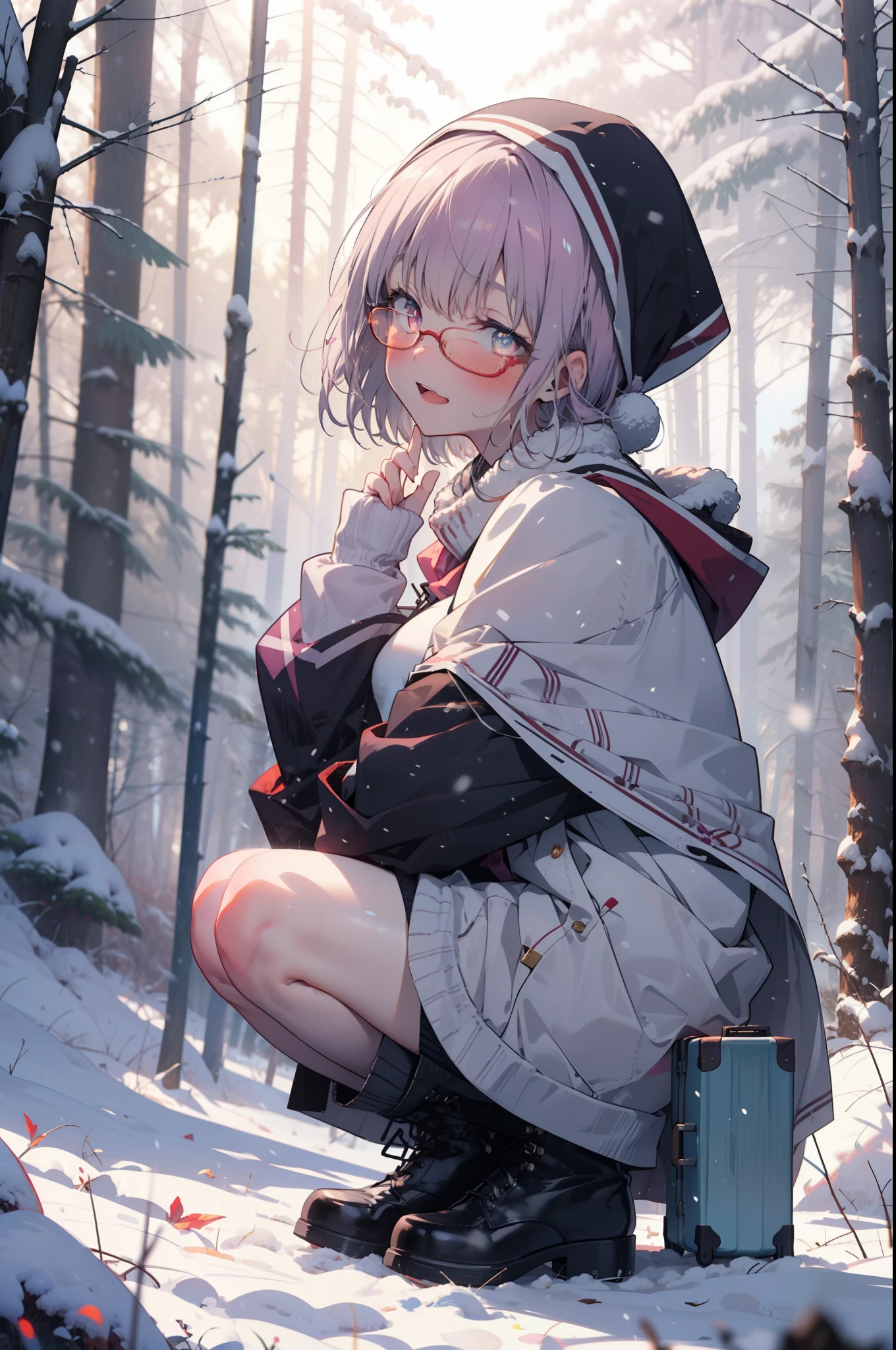 akaneshinjou, shinjou akane, Light purple hair, (Pink Eyes:1.2), short hair,Akagi Glasses,hair band,smile,blush,White Breath,Big Breasts,
Open your mouth,snow,Ground bonfire, Outdoor, boots, snowing, From the side, wood, suitcase, Cape, Blurred, having meal, forest, White handbag, nature, Squat, Mouth closed, Cape, winter, Written boundary depth, Black shoes, red Cape break looking at viewer, Upper Body, whole body, break Outdoor, forest, nature, break (masterpiece:1.2), Highest quality, High resolution, unity 8k wallpaper, (shape:0.8), (Beautiful and beautiful eyes:1.6), Highly detailed face, Perfect lighting, Highly detailed CG, (Perfect hands, Perfect Anatomy),