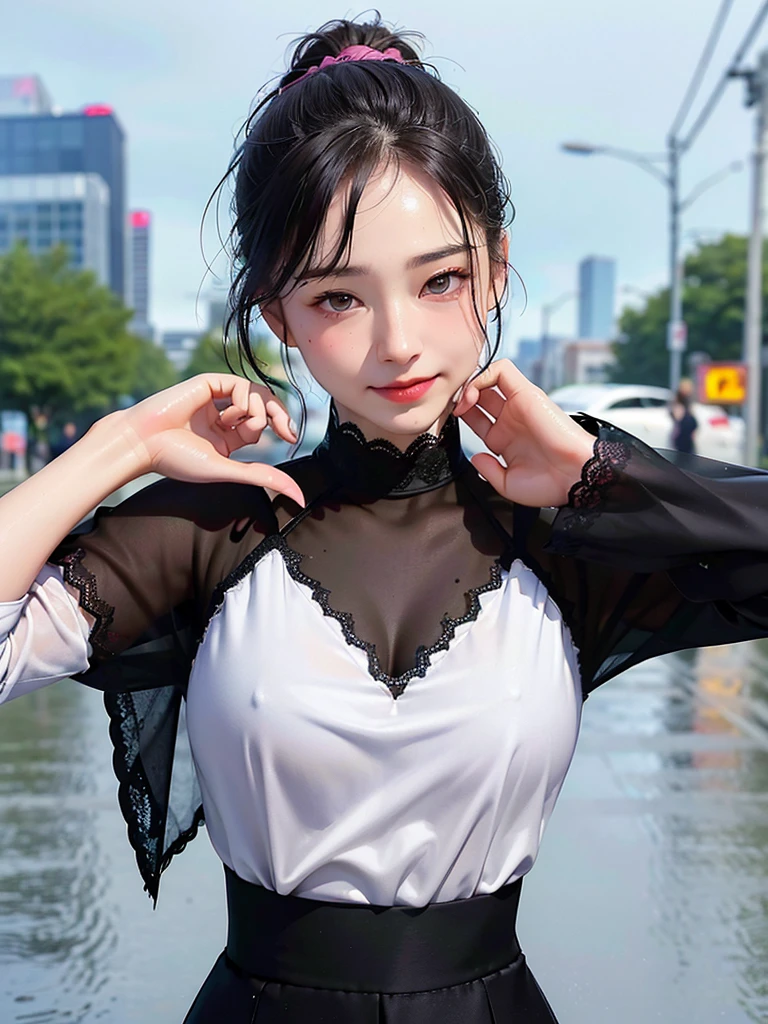 ((best quality, 8K, masterpiece: 1.3)),upper body,Black Hair, black eye,sharp focus: 1.2, beautiful woman with a perfect body: 1.4, ((ponytail, large: 1.2)), (small and beautiful hard (White long sleeve blouse with lace、Silk Tight darkmagenta long skirt), (wet from rain: 1.2), (rain, street: 1.2), wet body: 1.1, Highly detailed face and skin texture, detailed eyes, double eyelids, White skin,,E cup,smile,Financial district of the big city,Skyscraper,White skin,Wet Hair、Wet Skin、Wet clothes、smile、