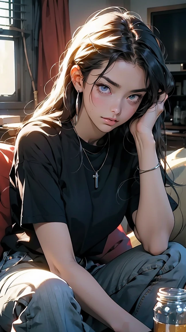 a 60 year old woman, highest quality, 8K, high resolution image, anime style, dark blue long hair, glassy eyes, red cheeks, she is wearing a simple shirt and jeans, she is sitting on the sofa with a fake in her hand, she is very drunk looks confused. Sofa stands in a very messy room between bottles and empty packaging, room is flooded with light from TV