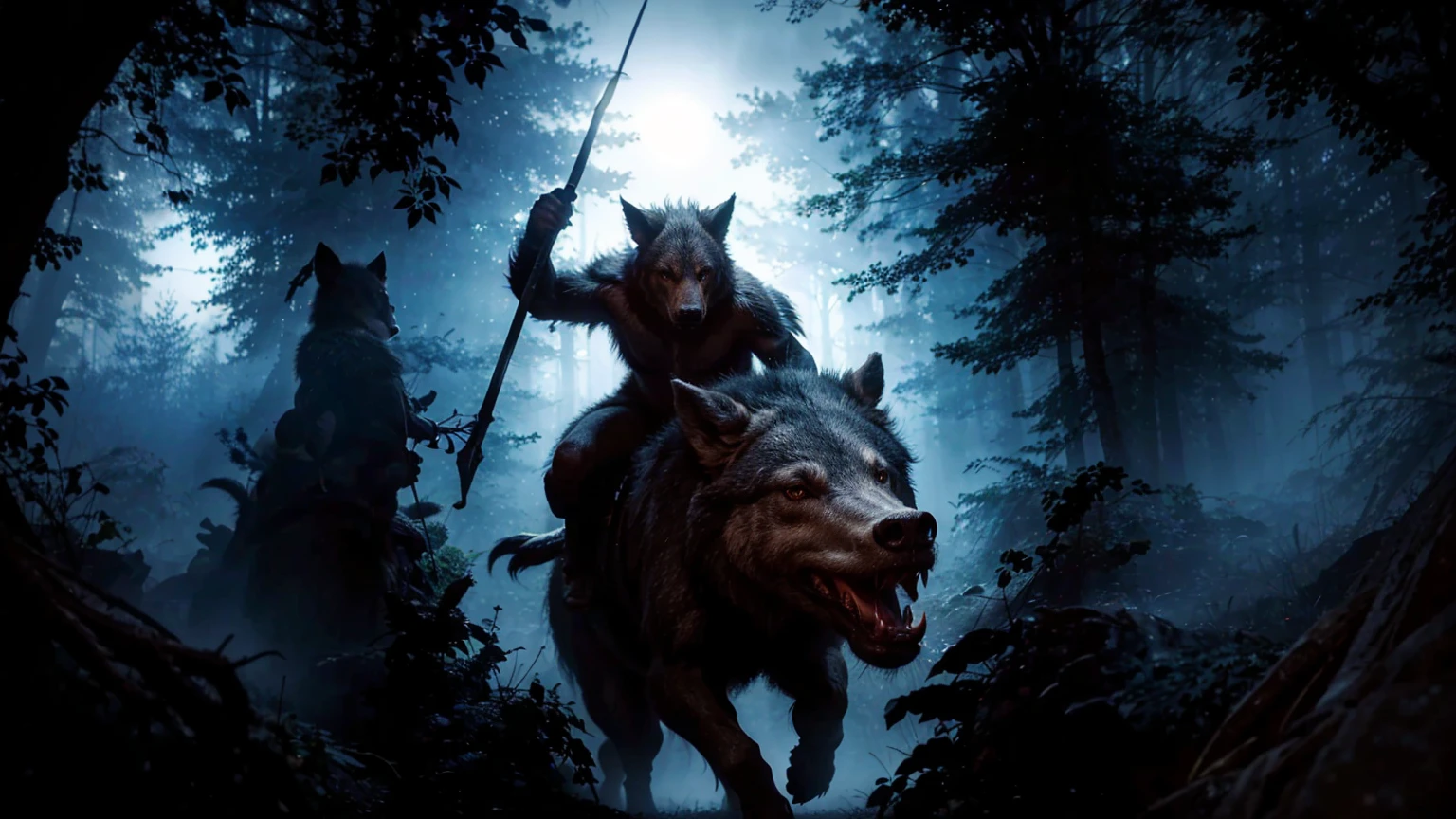 In the midst of a dark, misty forest, a creature with the body of a wolf and the face of a man rides astride wild boar. The creature's fur is a mix of black and gray, blending into the shadows around it. It holds a staff in its right han