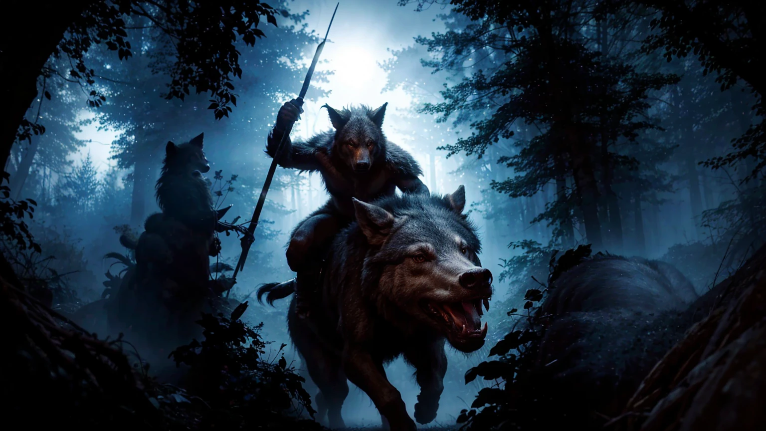 In the midst of a dark, misty forest, a creature with the body of a wolf and the face of a man rides astride wild boar. The creature's fur is a mix of black and gray, blending into the shadows around it. It holds a staff in its right han