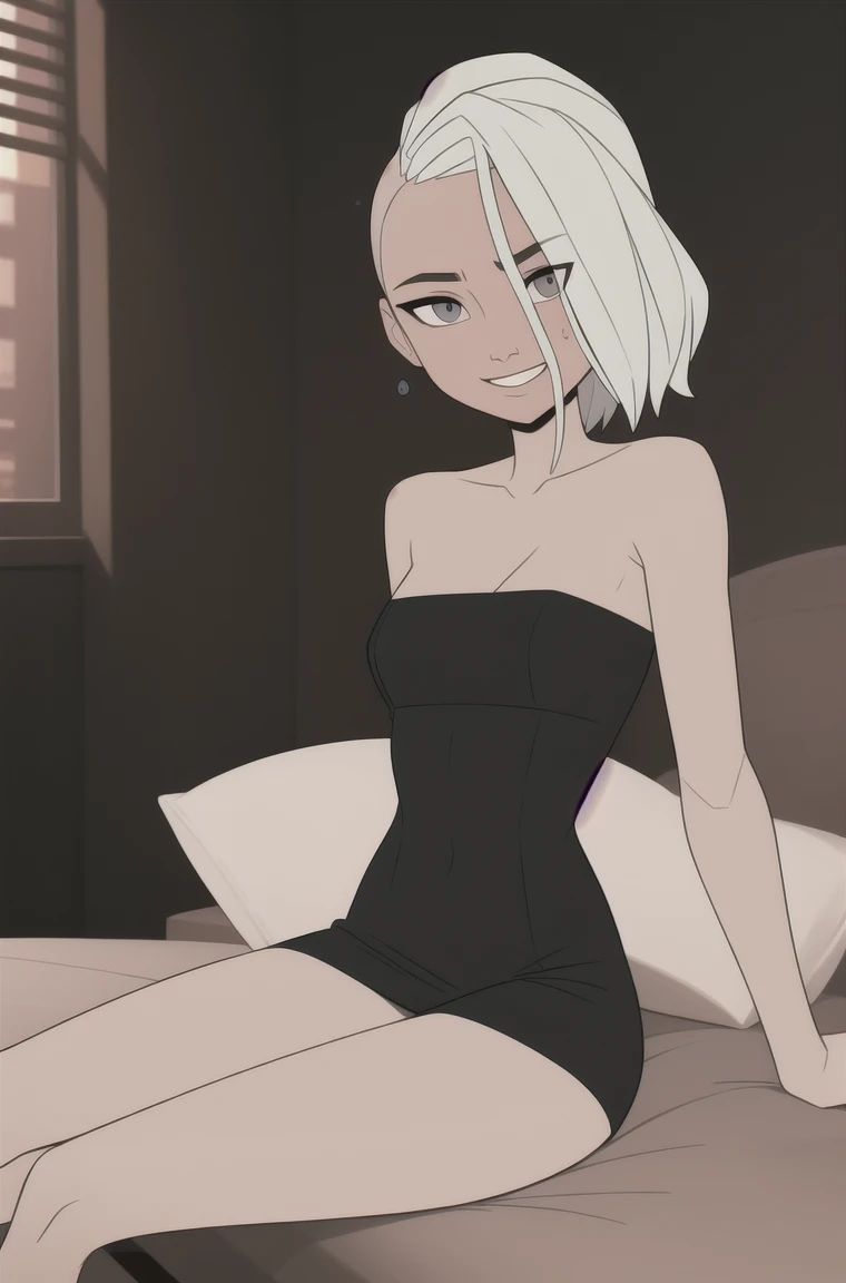 (dark theme:0.6), Glucose, 1 woman, mature and rough face, wrinkles on the face, Aging face, cheekbones на лице, cheekbones, old age Alone, короткие White hair, sexuality, black strapless bodycon dress, black dress figure of a top model, sexy long legs, high growth, costs, Sun, wound, in the apartment, lying in bed, smile flowers 1.2), White hair, hairstyle in babershop style, pomade, decrease,  I look at the viewer, grey eyes, sharp image, crop top, (HDR:1.22), Clear drawing, muted colors, Complex background, hyper-detailed, art [[Jordan Grimmer]], 