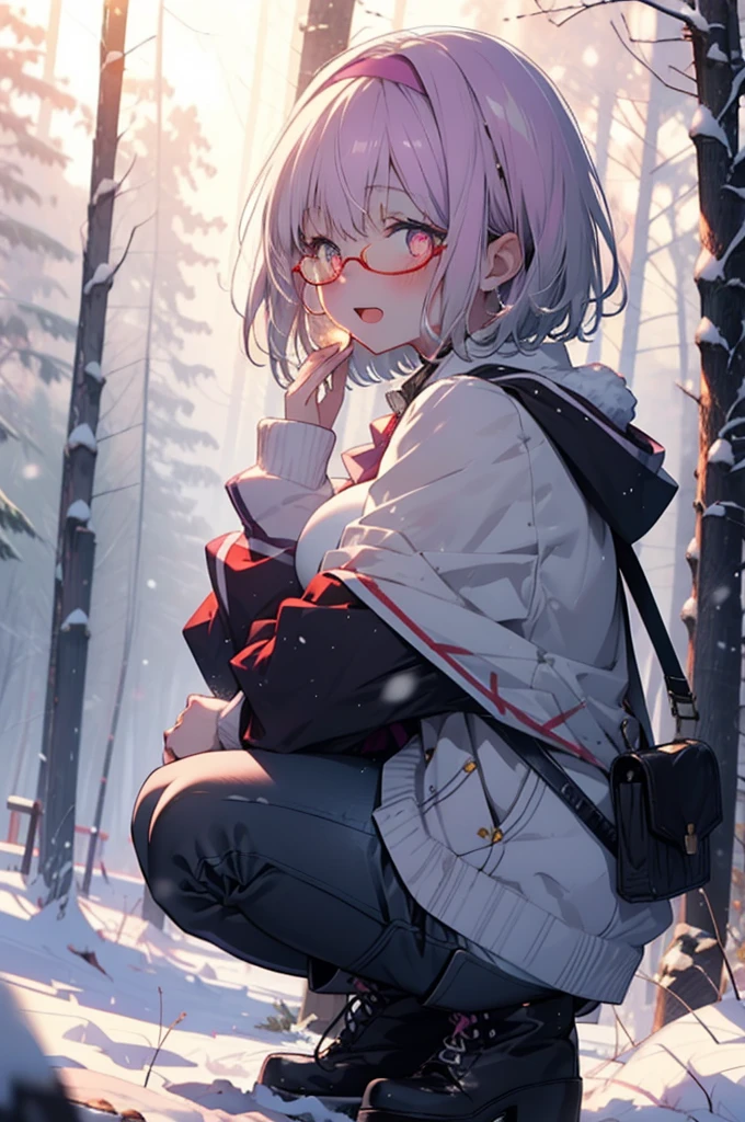 akaneshinjou, shinjou akane, Light purple hair, (Pink Eyes:1.2), short hair,Akagi Glasses,hair band,smile,blush,White Breath,Big Breasts,
Open your mouth,snow,Ground bonfire, Outdoor, boots, snowing, From the side, wood, suitcase, Cape, Blurred, having meal, forest, White handbag, nature,  Squat, Mouth closed, Cape, winter, Written boundary depth, Black shoes, red Cape break looking at viewer, Upper Body, whole body, break Outdoor, forest, nature, break (masterpiece:1.2), Highest quality, High resolution, unity 8k wallpaper, (shape:0.8), (Beautiful and beautiful eyes:1.6), Highly detailed face, Perfect lighting, Highly detailed CG, (Perfect hands, Perfect Anatomy),