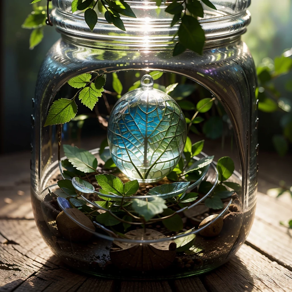 a little fairy trapped in a glass jar, blonde hair, blue eyes, tiny fairy, fairy outfit with leaves, glass jar, detailed fairy face, highly detailed, 8k, photorealistic, studio lighting, concept art, vibrant colors, magical atmosphere, ethereal, mystical