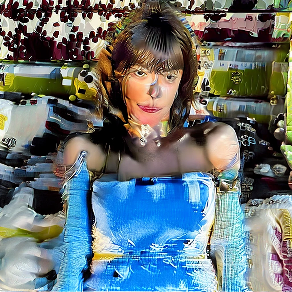 (detailded) (perfect)Half aged woman, lying on her bed, new, with the leg open, put oil on big tits