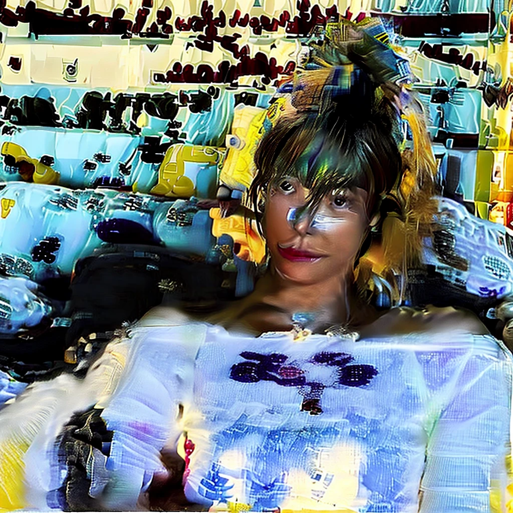 (detailded) (perfect)Half aged woman, lying on her bed, new, with the leg open, put oil on big tits