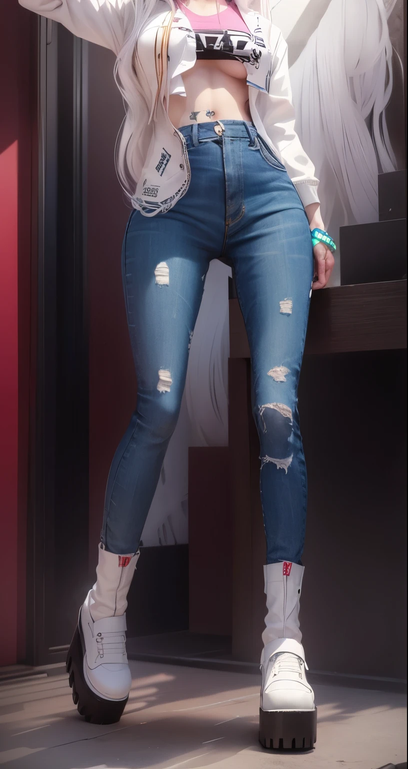 AVATAR SECOND LIFE Korean girl wearing pink hoodie, Asian, long white hair, White hair, White hair, Perfect and detailed face, imvu, maximalist details, AVATAR SECOND LIFE Korean blusa , neon, jeans