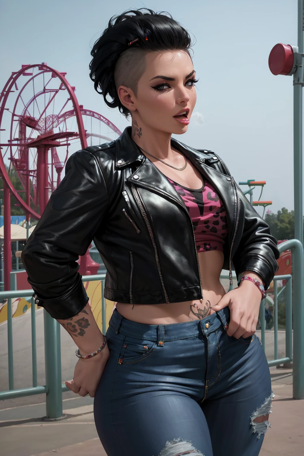 foto do film ChristyMackQuiron mulher, mohican hairstyle, mohawk hair, Bblack hair, black hairr, realisitic, a shot put woman wearing a leopard shirt and tight jeans having fun in an amusement park, ahort black leather jacket, neckleace, Short black leather jacket, tight denim, flat shoes, good tone, 35mm photography, film, bokeh, proffesional, 4K, very detailled, The angels, theme park, fun conversation, amusement park, rainny